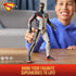 Child playing with DC Mr. Terrific 12-inch action figure at table, showcasing the superhero’s black, white, and red costume with mask and 'Fair Play' sleeve lettering.
