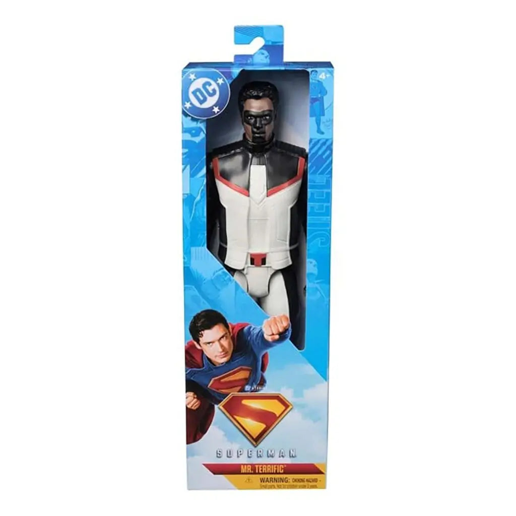 DC Comics Mr. Terrific 12-inch action figure displayed in retail packaging with Superman branding, showing the black, white, and red superhero suit through the window box.