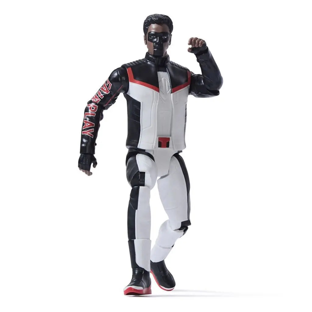 Poseable DC Mr. Terrific 12-inch action figure shown in dynamic stance, wearing black, white, and red superhero outfit with detailed mask and bold 'Fair Play' sleeve lettering.