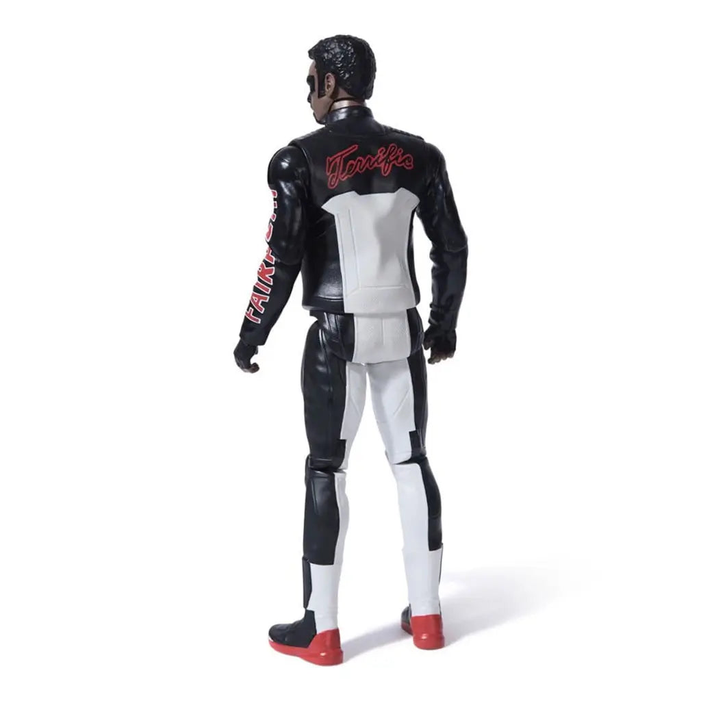 Mr. Terrific 12-inch DC action figure rear angled view, highlighting black and white suit, red shoes, and 'Terrific' script on jacket, designed with poseable articulation.
