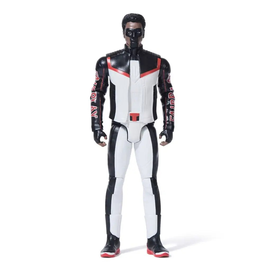 Front view of DC Mr. Terrific 12-inch action figure in black, white, and red costume with 'Fair Play' on sleeves, mask detail, and red 'T' emblem at waist, fully poseable design.