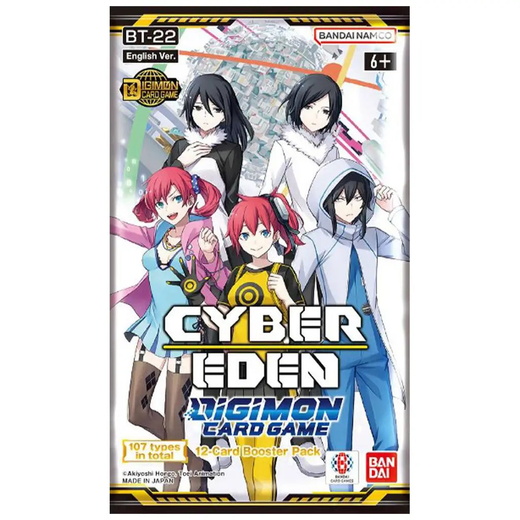 Front of a Digimon Card Game BT-22 Cyber Eden English version booster pack, featuring anime-style characters in colorful futuristic outfits, labeled for ages 6 and up, containing 12 collectible trading cards.
