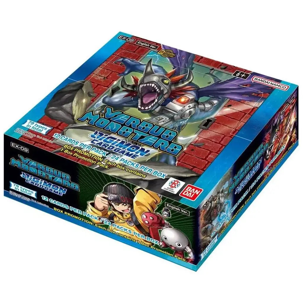 Digimon Card Game EX-09 Versus Monsters booster box in English version features a dynamic armored Digimon on the lid, contains 24 packs with 12 cards each, and includes 79 card types in total with 1 promotional pack per box.