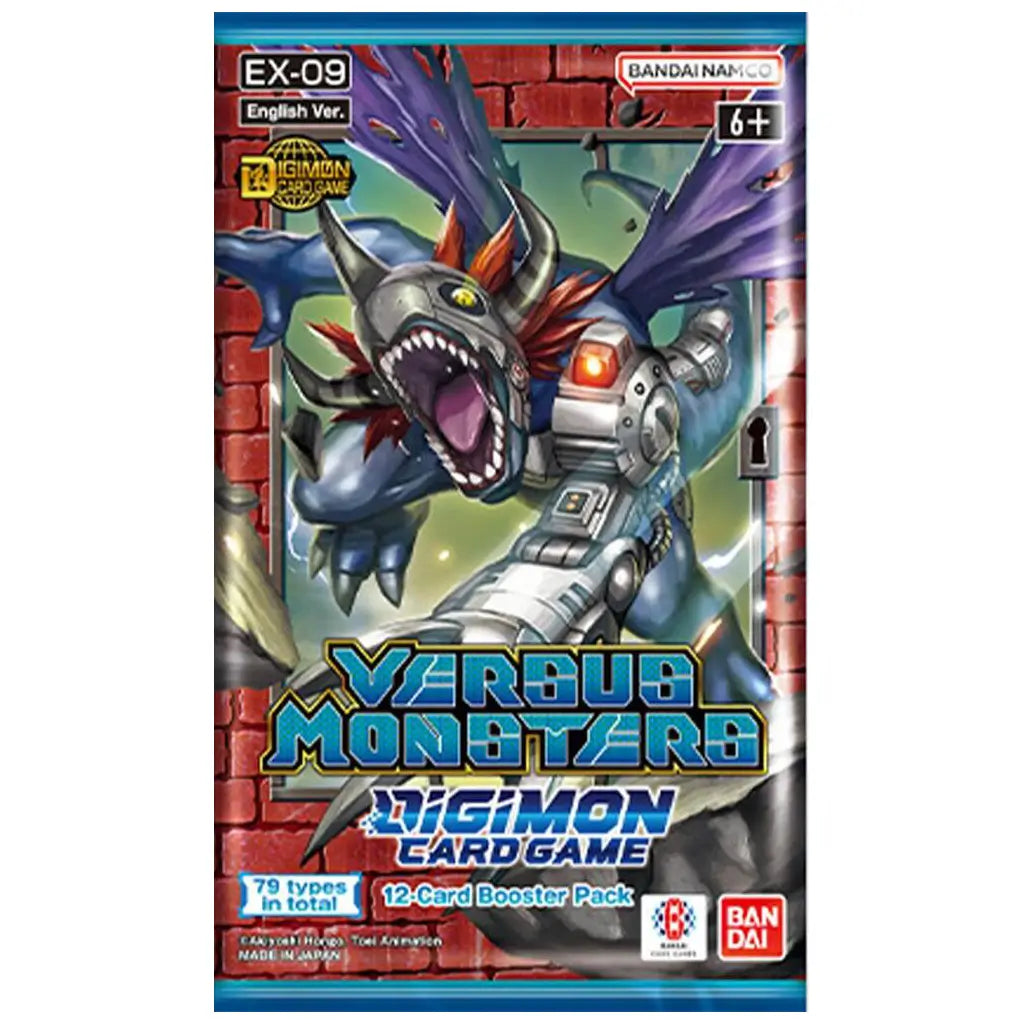 Front of Digimon Card Game EX-09 Versus Monsters English version booster pack, featuring a fierce armored Digimon with sharp claws and vibrant colors, designed for ages 6 and up with 12 collectible cards inside.