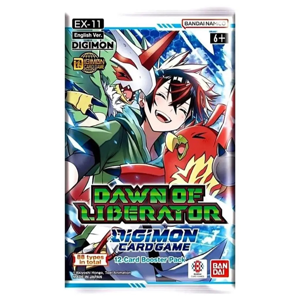 Digimon Card Game Dawn of Liberator EX-11 booster pack features colorful anime artwork on glossy foil packaging, with 12 cards by Bandai Namco and Bandai.
