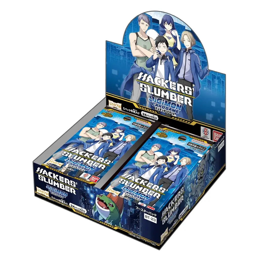 Digimon Card Game Hackers’ Slumber display box featuring vivid blue digital patterns and character artwork on neatly stacked booster packs, highlighting BT-23 set details and Bandai branding.