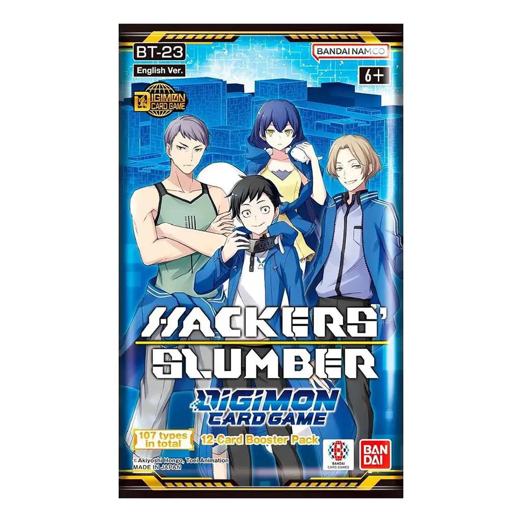Digimon Card Game booster pack showing four stylized characters in bold blue, yellow, and black digital-themed artwork, promoting the Hackers’ Slumber BT-23 set with 12 cards and Bandai branding.
