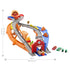 Disney Pixar Cars raceway playset shown in orange, blue, and gray molded plastic with elevated looping tracks and canyon supports, displayed on a white background with labeled dimensions for size reference.