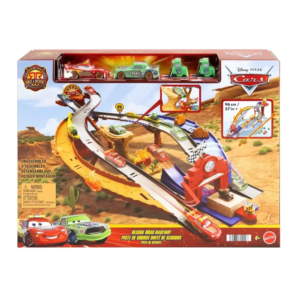 Disney Pixar Cars Rescue Road Raceway playset packaging showing the full colorful track layout, red gateway, looping ramps, and included character cars against a desert Radiator Springs illustrated background.