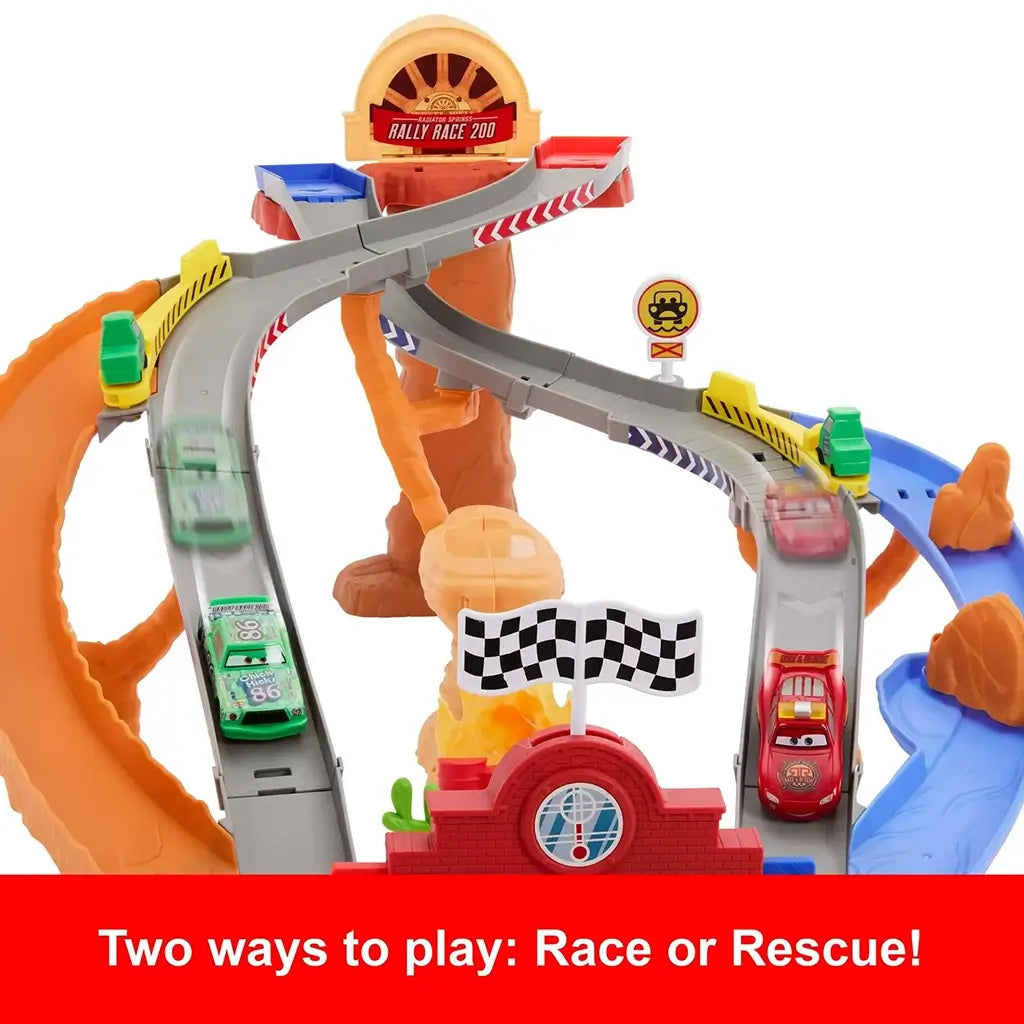 Disney Pixar Cars raceway playset with bright gray tracks, red gateway, and checkered flag, illustrating two play modes where Lightning McQueen races or rescues on a Radiator Springs themed course.