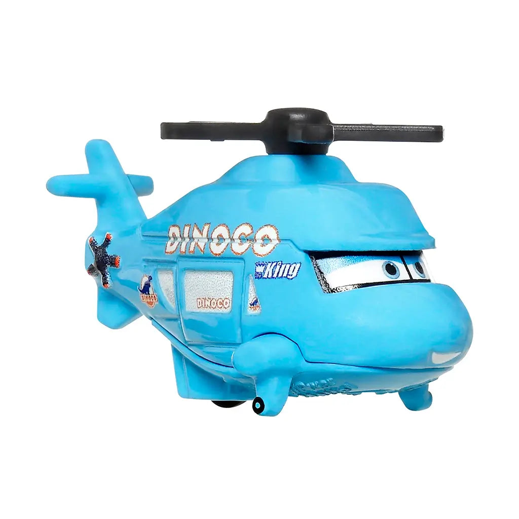 Left angled view of Rotor Turbosky mini toy helicopter from Disney and Pixar Cars in bright blue with expressive eyes, Dinoco logos, and spinning propellers for dynamic play.
