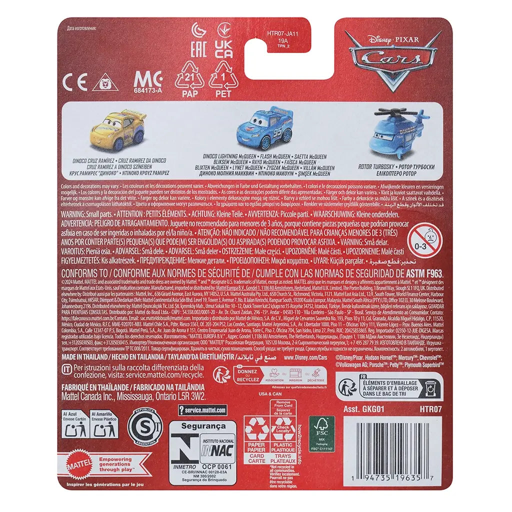 Back of retail packaging for Disney and Pixar Cars mini racers showing product details and images of Dinoco Cruz Ramirez, Lightning McQueen, and Rotor Turbosky toys.