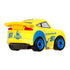 Rear angled view of Cruz Ramirez mini toy car from Disney and Pixar Cars in yellow with blue Dinoco branding, showcasing detailed spoiler and number 51 graphics.