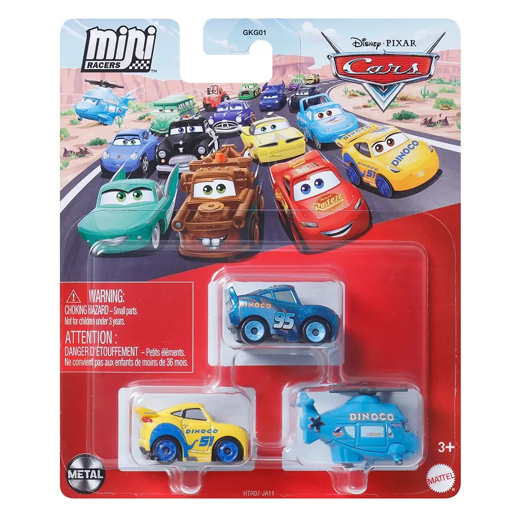 Front packaging of Disney and Pixar Cars mini racers featuring Dinoco Cruz Ramirez, Dinoco Lightning McQueen, and Rotor Turbosky, displayed in a red blister pack for ages 3+.