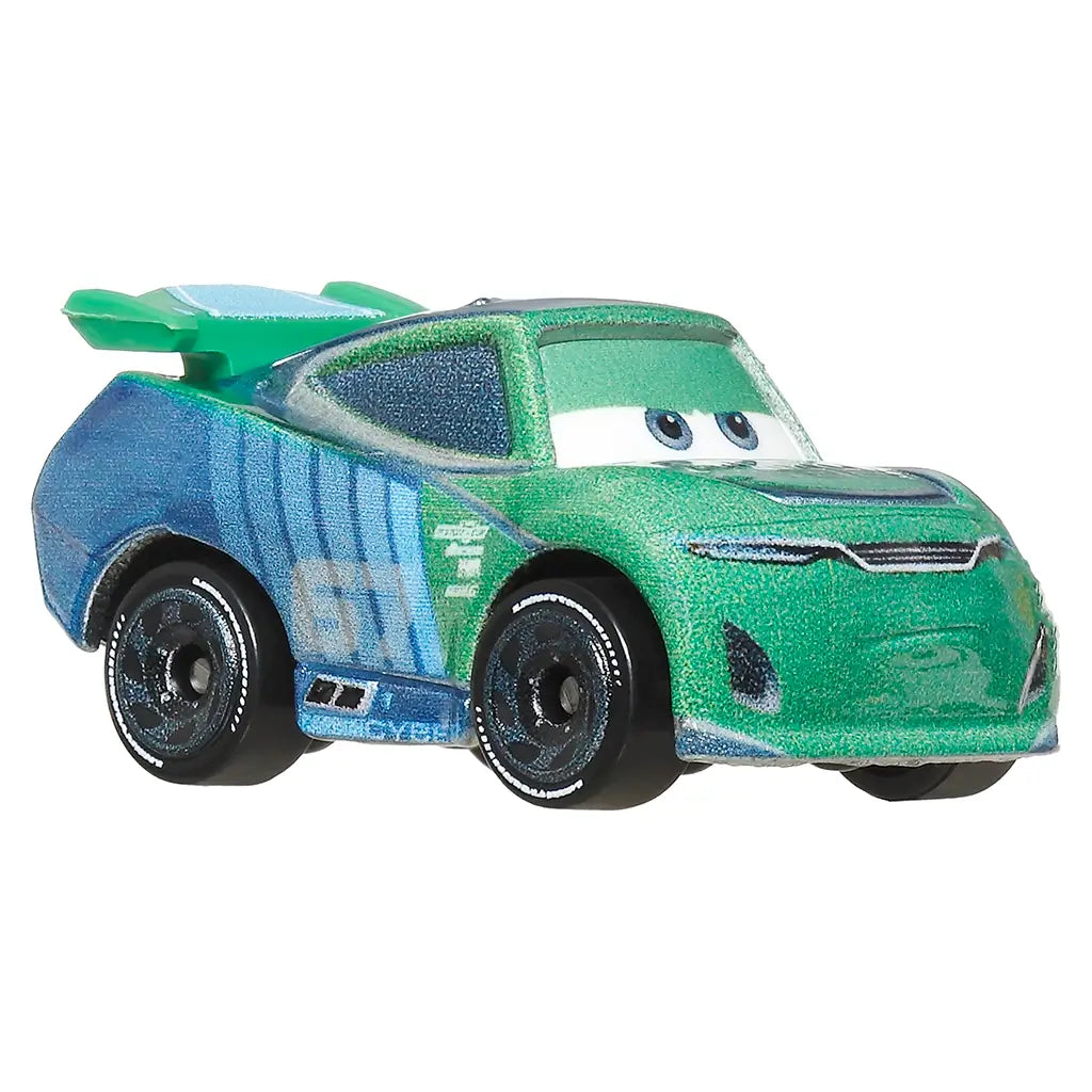 Close-up of Jim Reverick mini car toy from Disney and Pixar Cars in metallic green and blue with number 67, detailed graphics, and animated expression.