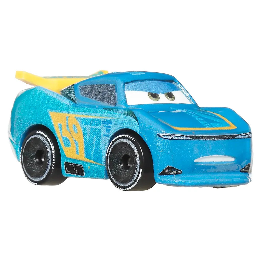 Close-up of Michael Rotor mini toy car from Disney and Pixar Cars with a bold blue body, yellow spoiler, and number 39 design, expressing a focused racing look.