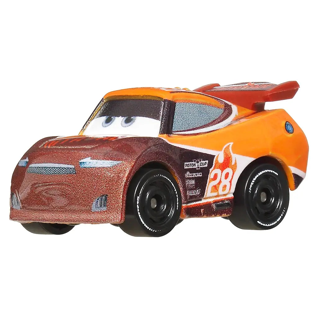 Close-up of Tim Treadless mini racer toy from Disney and Pixar Cars with orange and brown paint, flame decal, number 28, and expressive cartoon eyes.
