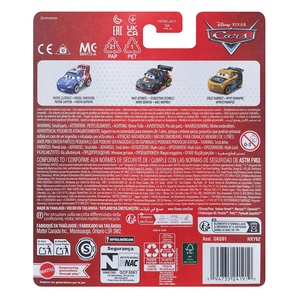 Back of Disney and Pixar Cars mini racers packaging featuring Jim Reverick, Tim Treadless, and Michael Rotor with toy images, safety warnings, and manufacturer info.
