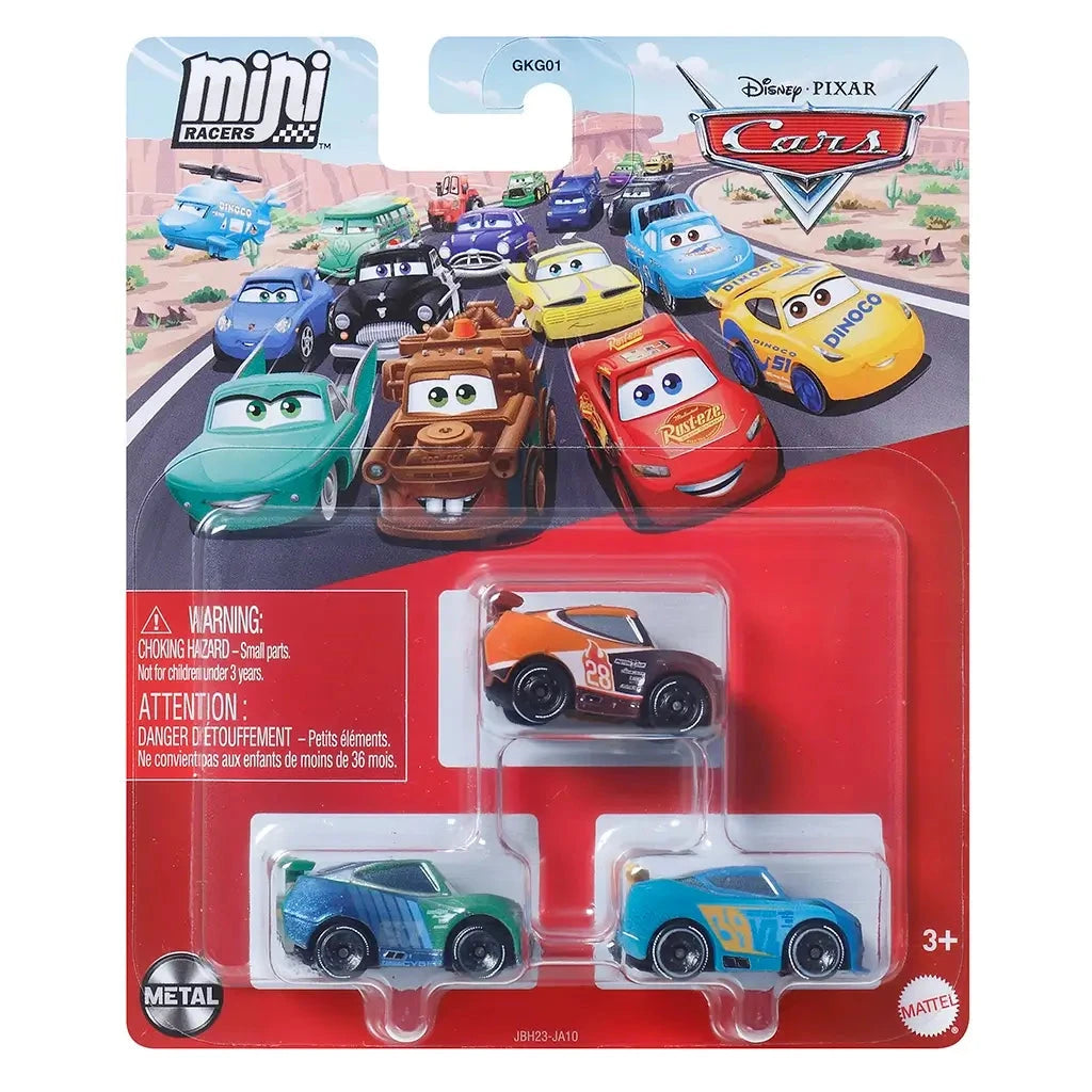 Front retail packaging of Disney and Pixar Cars mini racers 3-pack with clear window display of Jim Reverick, Tim Treadless, and Michael Rotor collectible die-cast toys.