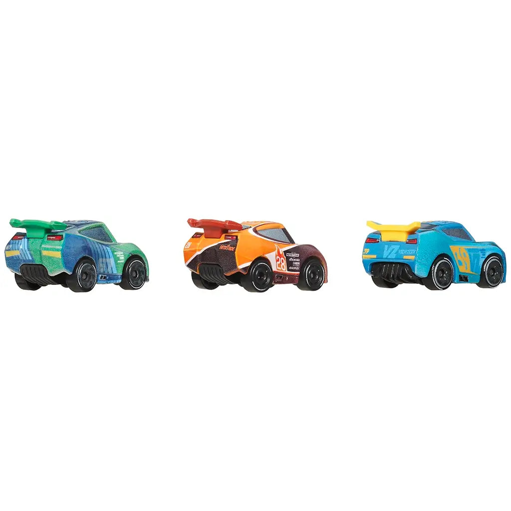 Rear angled view of Disney and Pixar Cars mini racers featuring Jim Reverick, Tim Treadless, and Michael Rotor, showcasing detailed spoilers and vibrant race decals.