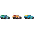 Rear angled view of Disney and Pixar Cars mini racers featuring Jim Reverick, Tim Treadless, and Michael Rotor, showcasing detailed spoilers and vibrant race decals.