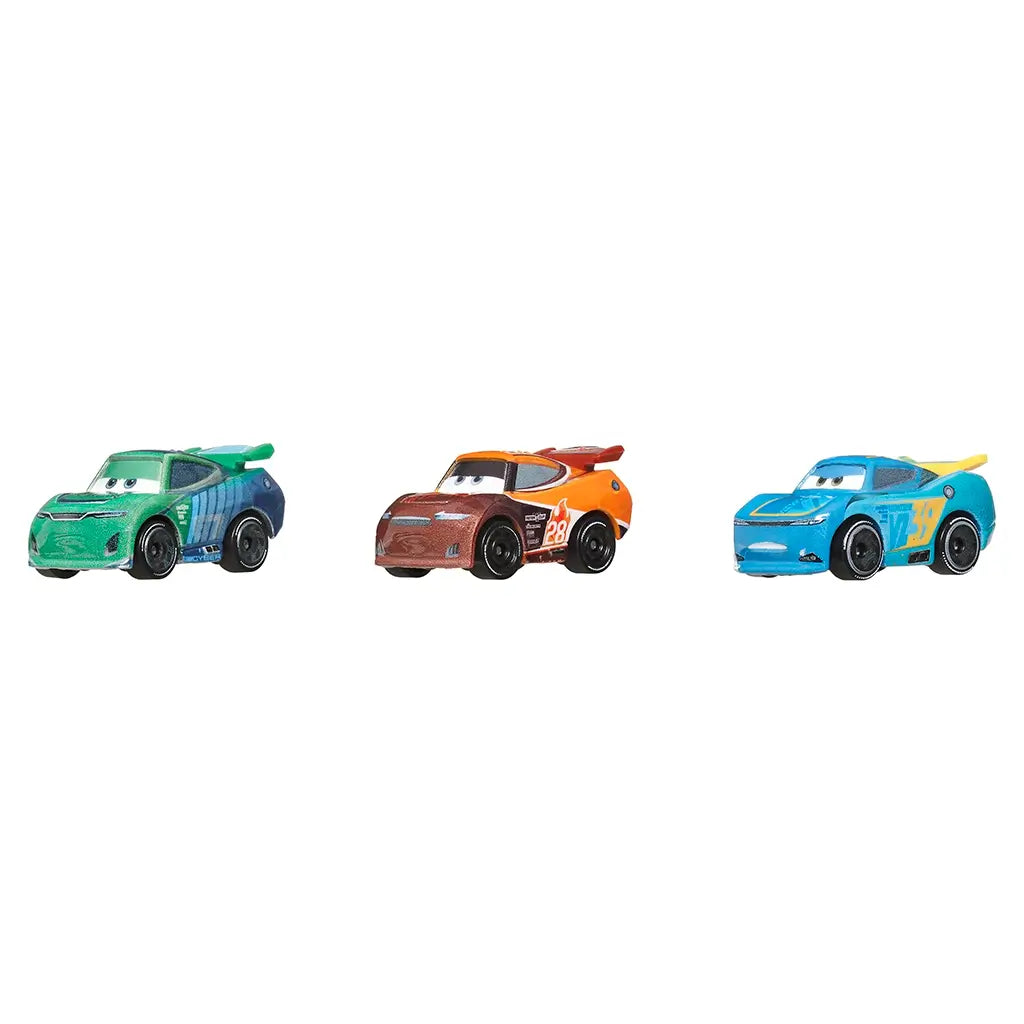 Right angled view of Disney and Pixar Cars mini racers set with Jim Reverick in green, Tim Treadless in orange, and Michael Rotor in blue, all in race-ready poses.