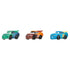 Right angled view of Disney and Pixar Cars mini racers set with Jim Reverick in green, Tim Treadless in orange, and Michael Rotor in blue, all in race-ready poses.