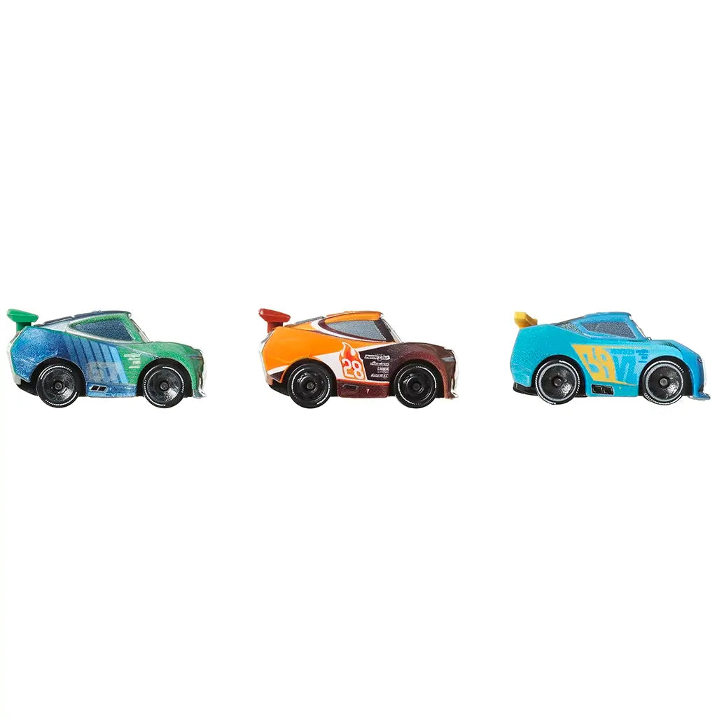 Side view of Disney and Pixar Cars mini racers showing Jim Reverick, Tim Treadless, and Michael Rotor aligned in profile, each with dynamic colors and race decals.