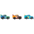 Side view of Disney and Pixar Cars mini racers showing Jim Reverick, Tim Treadless, and Michael Rotor aligned in profile, each with dynamic colors and race decals.