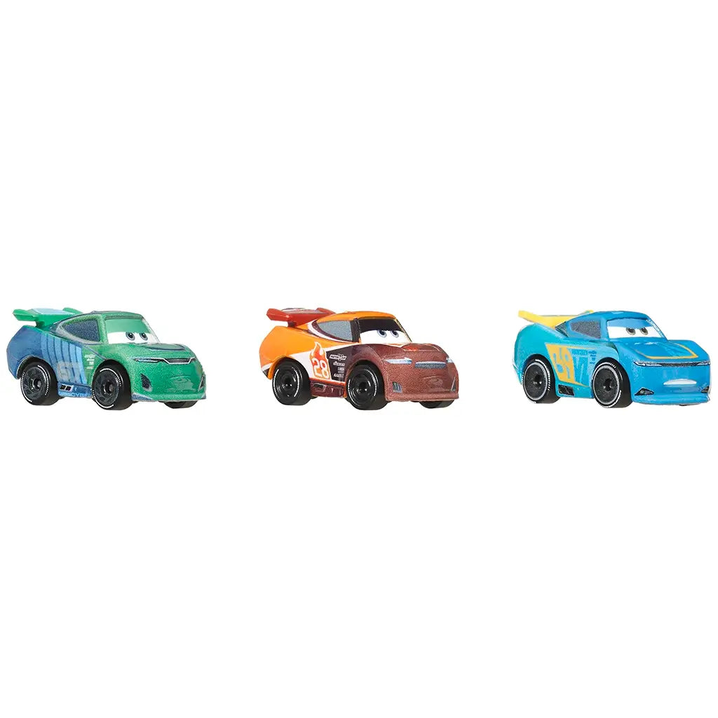 Disney and Pixar Cars 3-pack of mini metal racers featuring Jim Reverick in green, Tim Treadless in orange, and Michael Rotor in blue, all with expressive eyes and sporty decals.