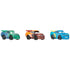 Disney and Pixar Cars 3-pack of mini metal racers featuring Jim Reverick in green, Tim Treadless in orange, and Michael Rotor in blue, all with expressive eyes and sporty decals.