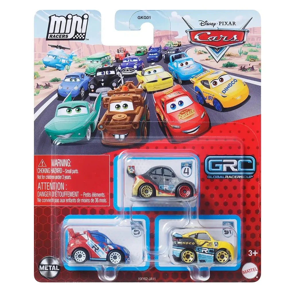 Front packaging of Disney and Pixar Cars mini racers set featuring Raoul ÇaRoule, Max Schnell, and Cruz Ramirez with GRC branding, shown in a clear red blister pack.