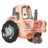 Close-up of Disney and Pixar Cars mini tractor toy in beige with large black wheels, a rusty front grille, and sleepy cartoon eyes, designed for collectible toy car play.