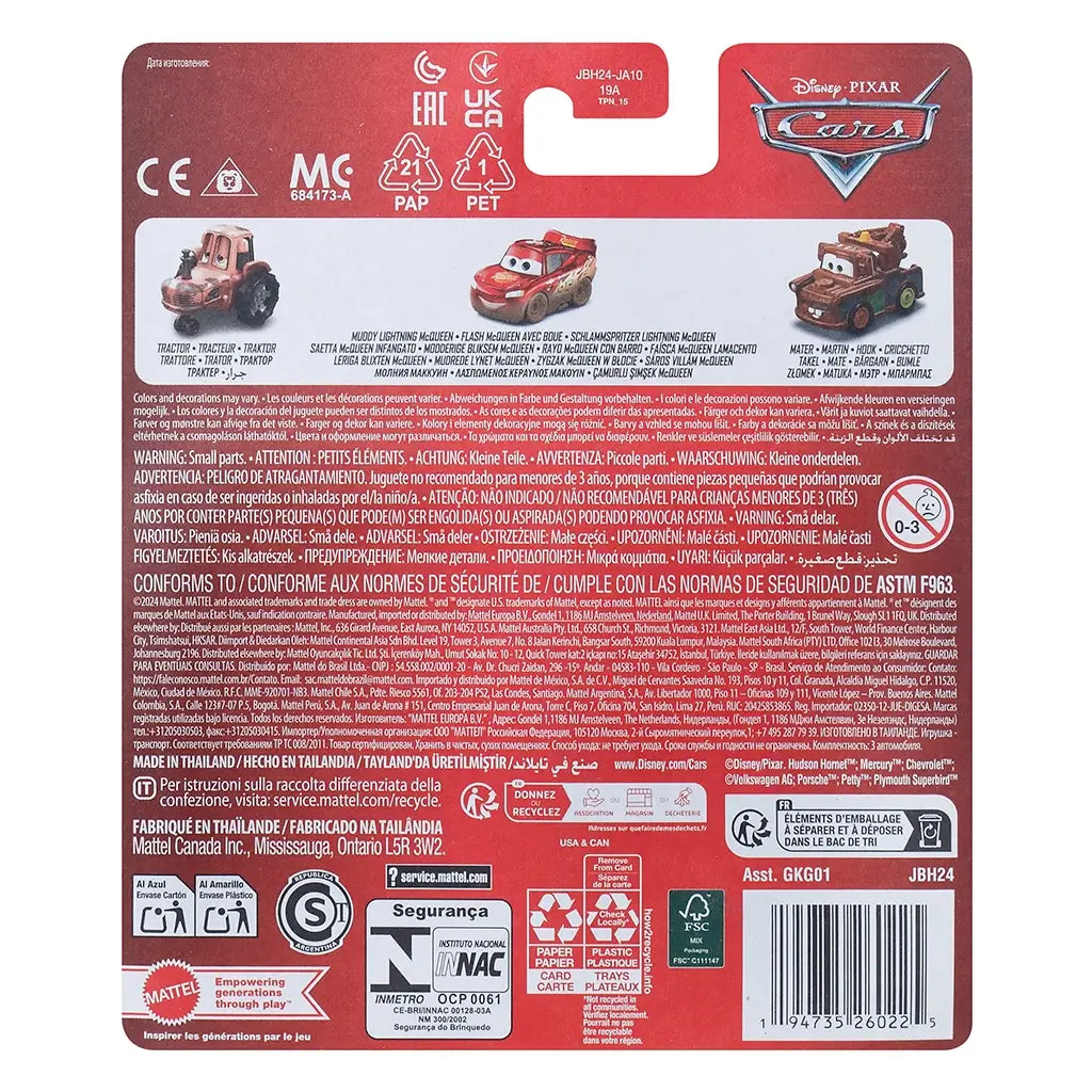 Back of Disney and Pixar Cars mini racers packaging showing toy descriptions and safety warnings in multiple languages, with images of McQueen, Mater, and tractor.