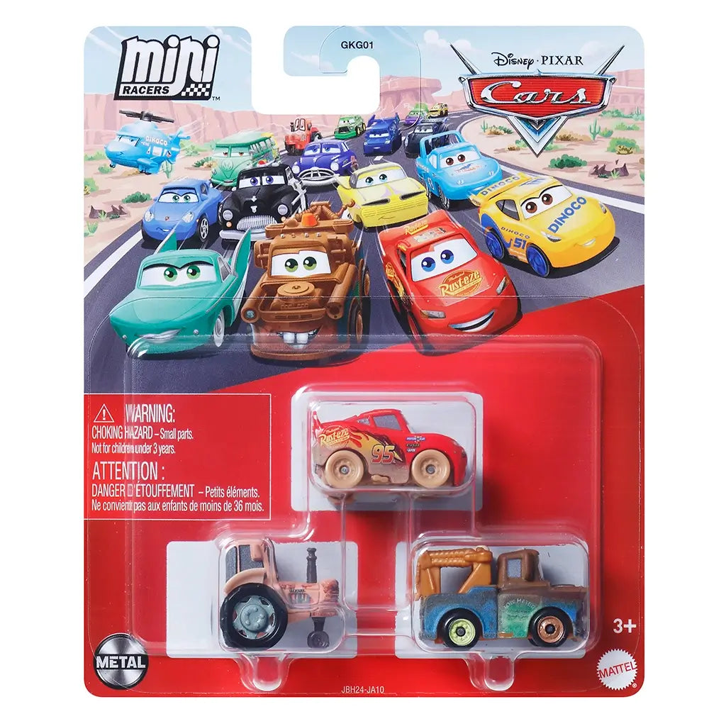 Front packaging of Disney and Pixar Cars mini racers set with clear plastic window displaying Muddy Lightning McQueen, Mater, and tractor toys against a race-themed backdrop.
