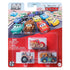 Front packaging of Disney and Pixar Cars mini racers set with clear plastic window displaying Muddy Lightning McQueen, Mater, and tractor toys against a race-themed backdrop.