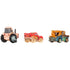 Rear angled view of three Disney and Pixar mini racers—Muddy Lightning McQueen, Tow Mater, and tractor—showing back details and colorful, mud-splattered paint.