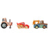 Side view of Disney and Pixar mini racers toy set with Muddy Lightning McQueen, Tow Mater, and a tractor, all with expressive faces and authentic muddy detailing.