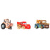 Set of three Disney and Pixar Cars mini metal racers featuring Muddy Lightning McQueen, Tow Mater, and a tractor, displayed on a white background for collectible toy play.