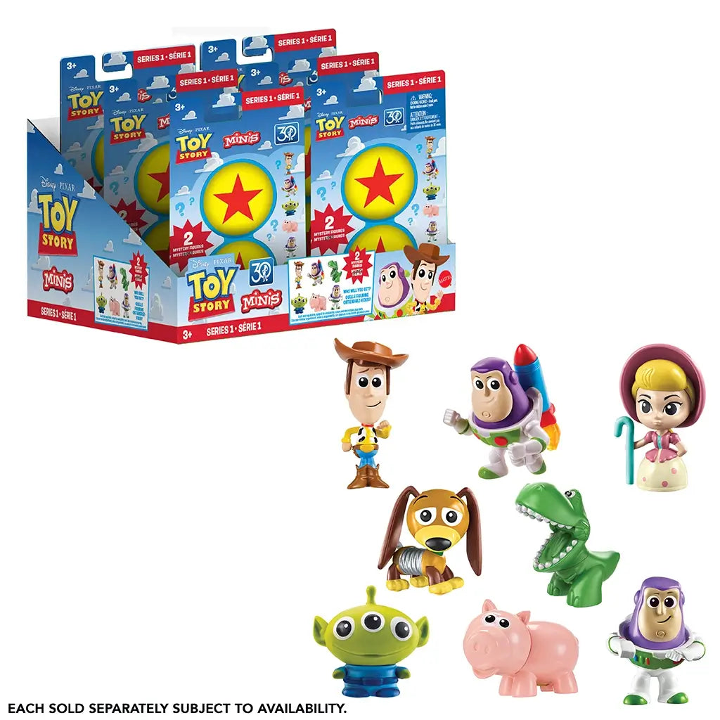 Toy Story Disney Pixar Minis surprise package display made of bright blue and red cardboard with star graphics, blind-box capsules, Series 1 branding, and illustrated characters, presenting miniature collectible figures available individually on a clean white background.