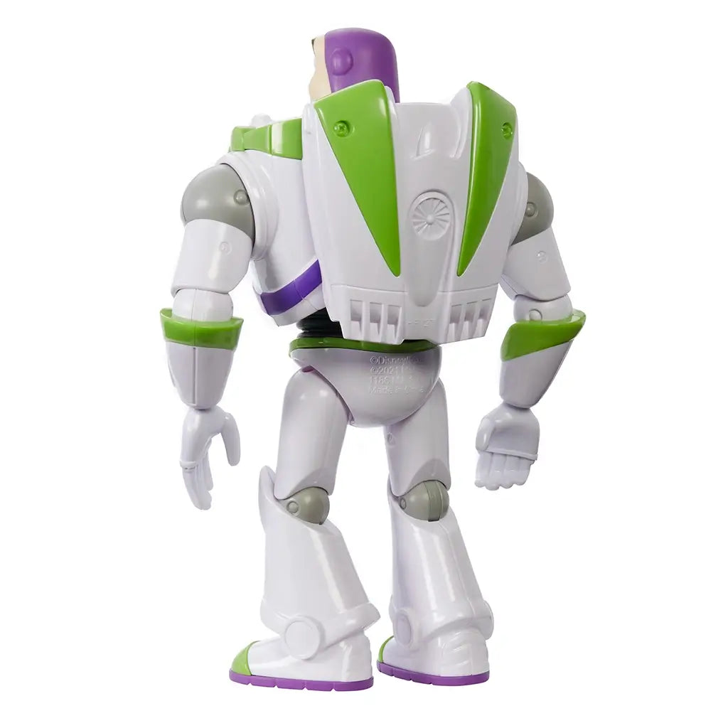 Rear view of Buzz Lightyear action figure showing backpack jetpack detail, jointed limbs, and bright green and white coloring consistent with his animated movie appearance.