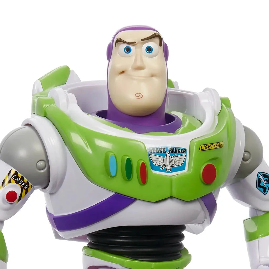 Close-up of the Toy Story Buzz Lightyear action figure showing detailed facial features, space ranger chest decals, and colored buttons on his green and white suit.