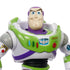 Close-up of the Toy Story Buzz Lightyear action figure showing detailed facial features, space ranger chest decals, and colored buttons on his green and white suit.