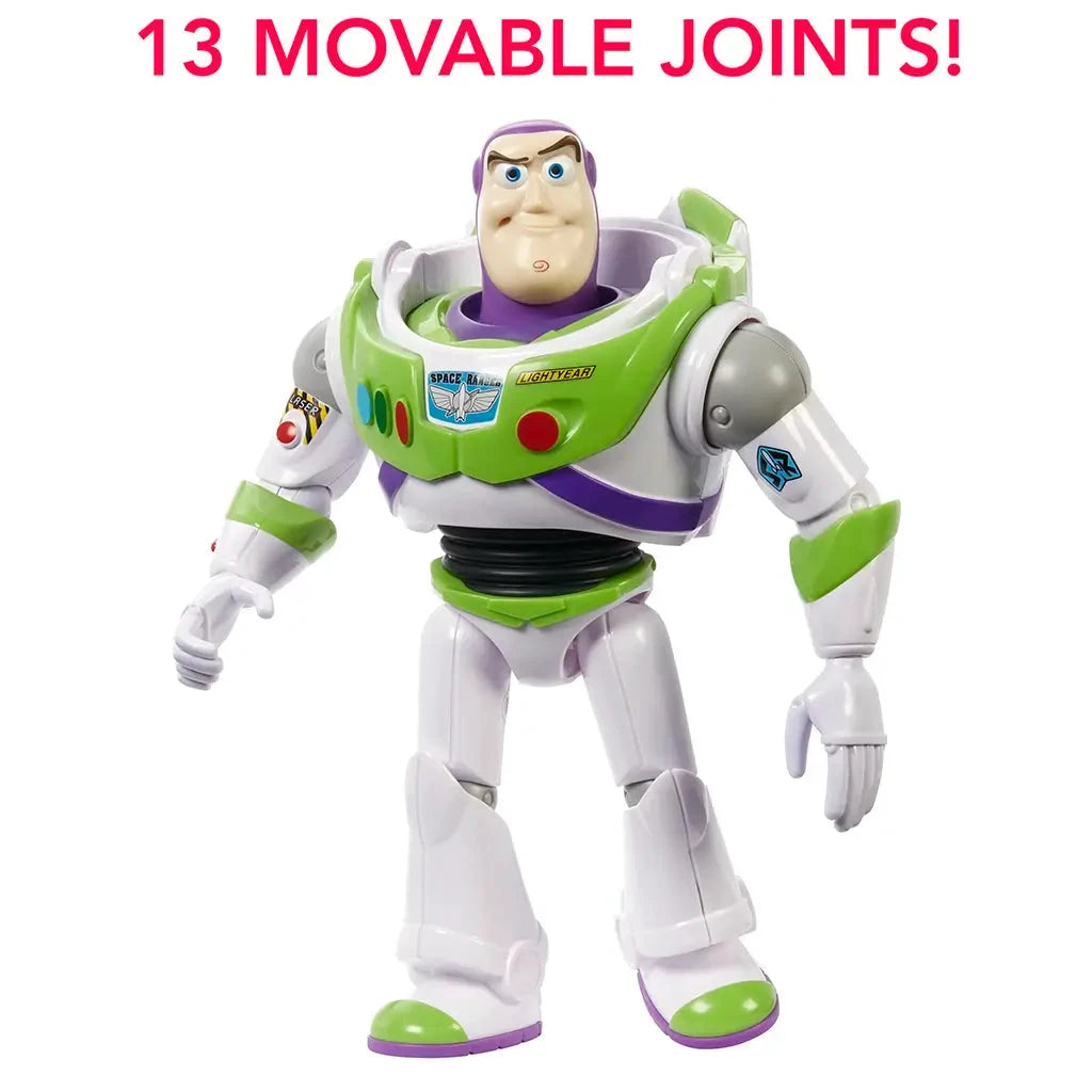 Buzz Lightyear action figure posed slightly sideways beneath bold pink text reading “13 Movable Joints,” highlighting its flexible limbs for interactive play.