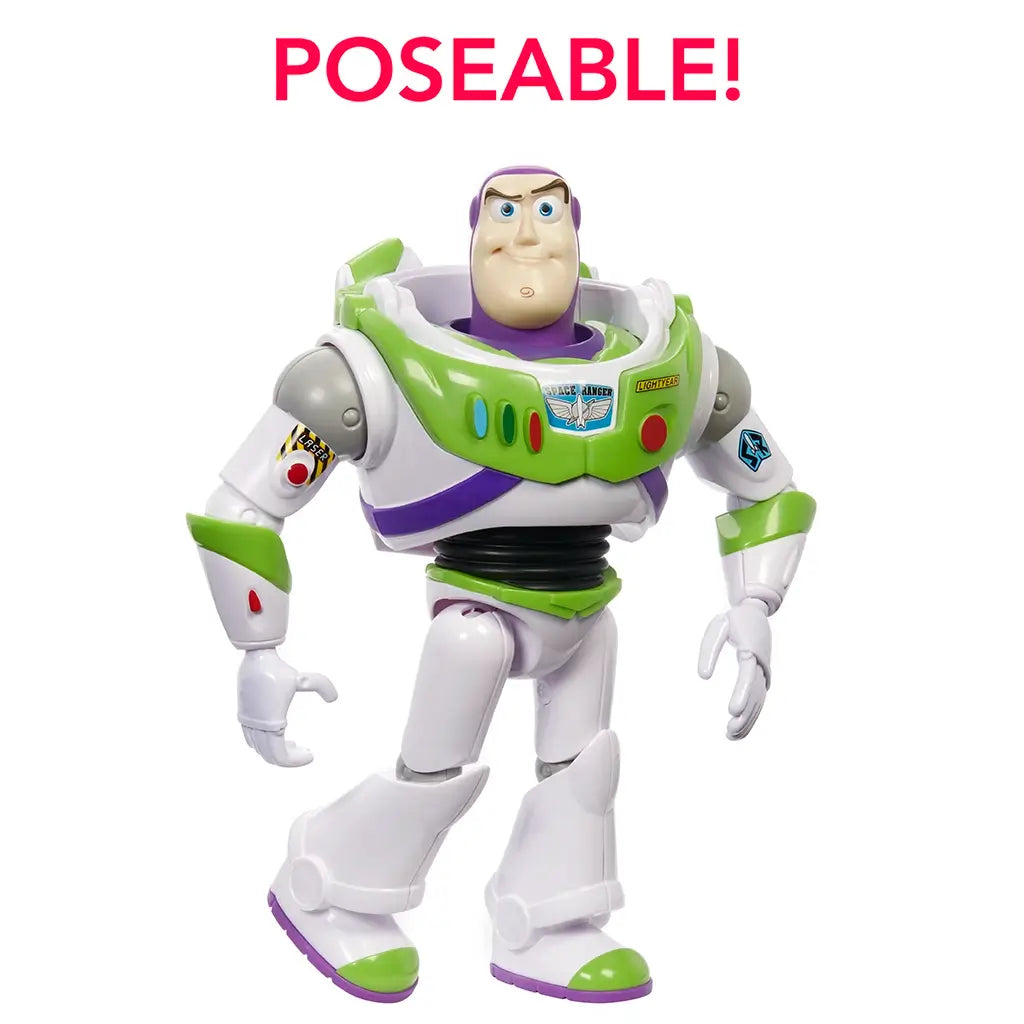 Buzz Lightyear figure in a dynamic pose under the word “POSEABLE!” emphasizing the toy’s flexible articulation and action-ready stance in his iconic green and white armor.