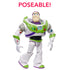 Buzz Lightyear figure in a dynamic pose under the word “POSEABLE!” emphasizing the toy’s flexible articulation and action-ready stance in his iconic green and white armor.