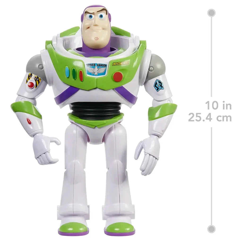 Front view of the Buzz Lightyear action figure standing upright next to a measurement graphic indicating the toy’s height is 10 inches or 25.4 centimeters tall.