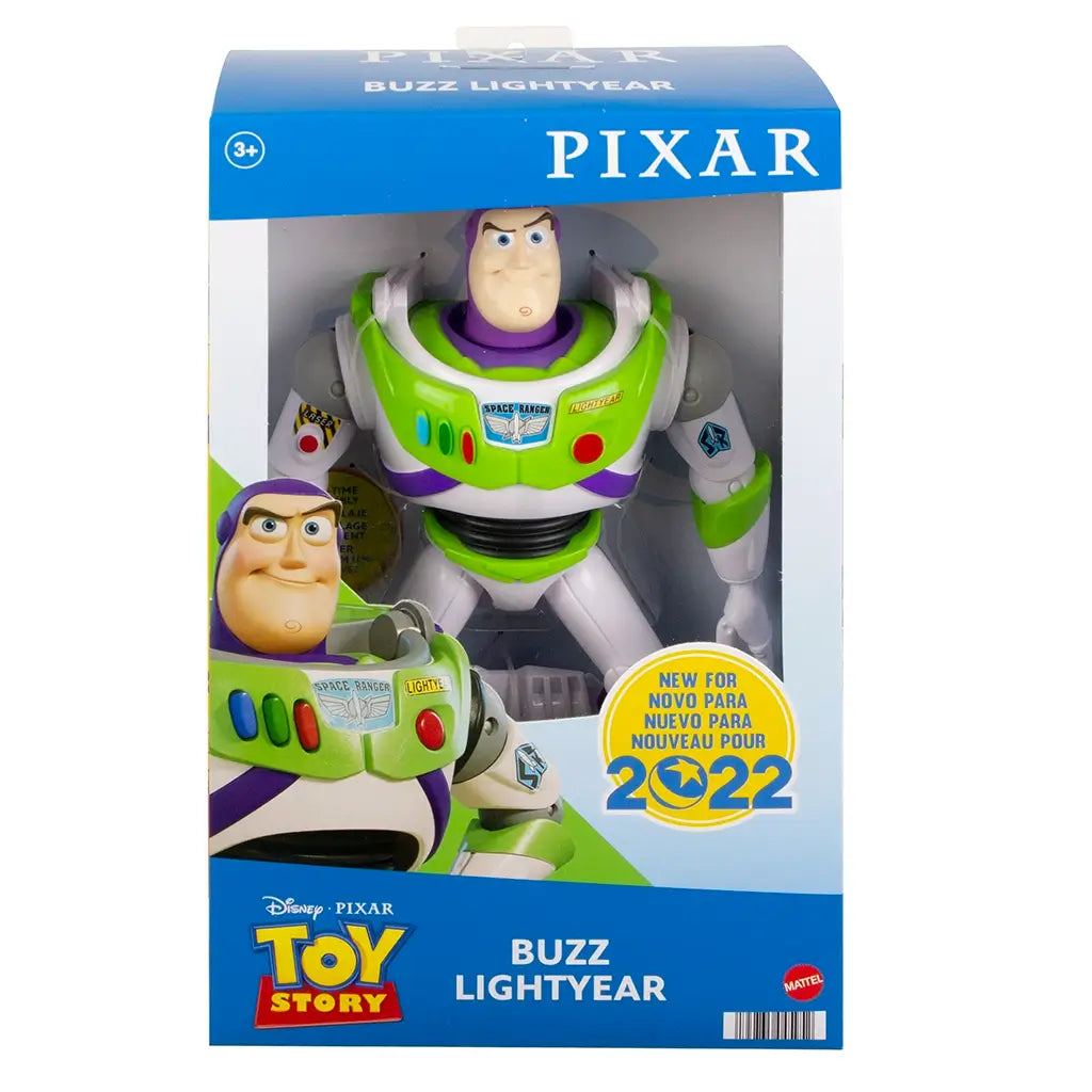 Buzz Lightyear Toy Story action figure displayed in original blue Pixar packaging with illustrated graphics and a yellow badge noting “New for 2022,” suitable for ages 3 and up.
