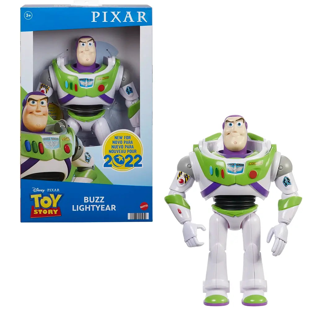 Disney and Pixar Toy Story Buzz Lightyear action figure shown both inside original packaging and separately outside, featuring bright green, white, and purple space suit design.