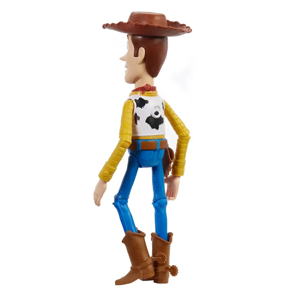 Rear view of Disney and Pixar Toy Story Woody 12-inch action figure displaying detailed cowboy outfit, including holster, boots with spurs, and printed vest design.
